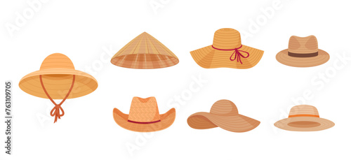 straw hats set. cartoon different shaped hats collection of gardener, farmer agricultural worker, headwear accessories. vector cartoon items collection.
