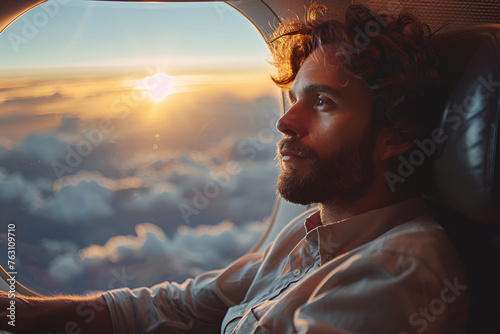 The man sit on the airplane near window photo