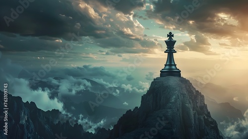 King of the World Concept  Chess King on Mountain Top