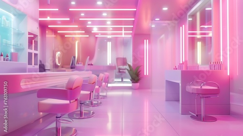 an AI-rendered image of a modern nail studio featuring shades of pink