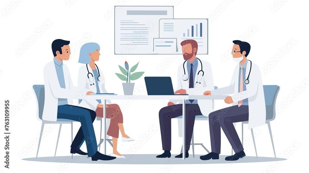 A group of dedicated doctors engage in an animated discussion, brainstorming medical advancements around a table filled with papers and laptops.