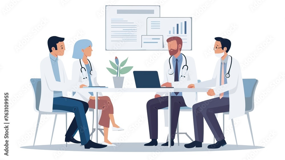 A group of dedicated doctors engage in an animated discussion, brainstorming medical advancements around a table filled with papers and laptops. A group of dedicated doctors engage in an animated discussion, brainstorming medical advancements around a table filled with papers and laptops.