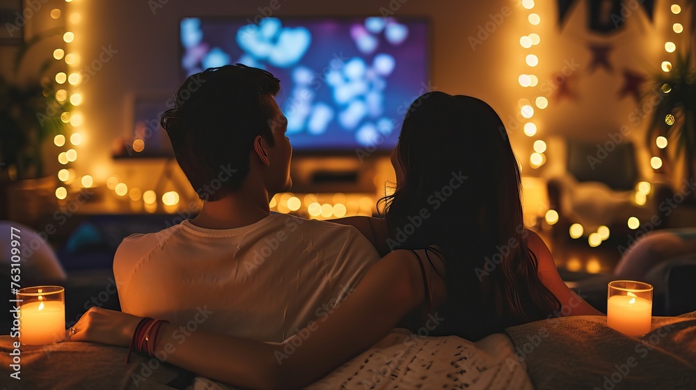 Couple enjoying a movie night at home with ambient candlelight and cozy atmosphere.