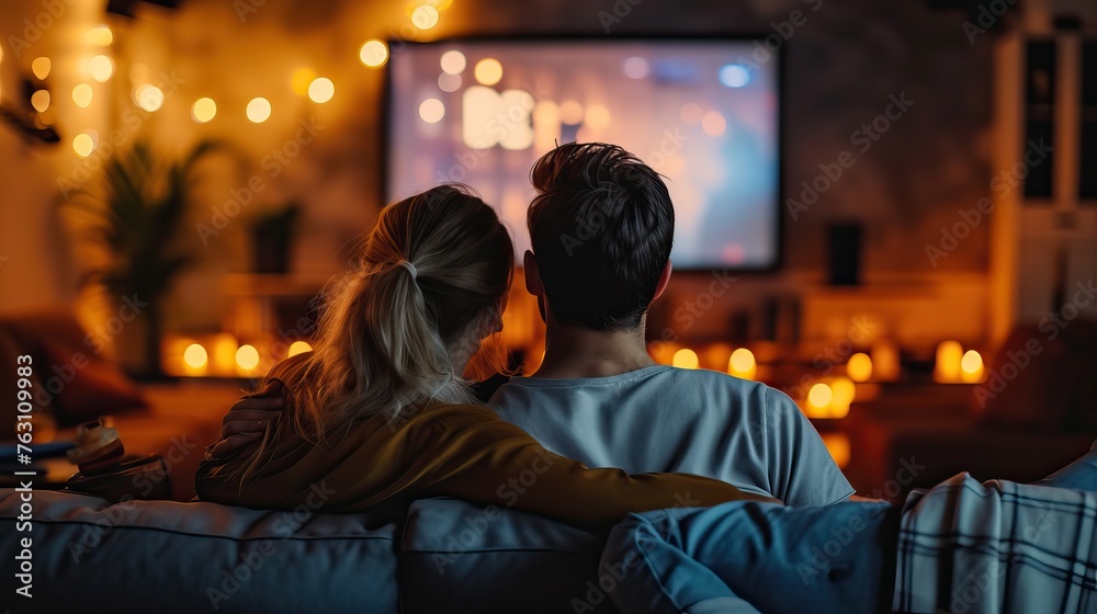Couple enjoying a movie night at home with ambient candle lighting and a cozy atmosphere.
