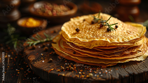 Stack of homemade crepes with fresh herbs on a rustic wooden board, garnished with spices. Warm, inviting food photography.