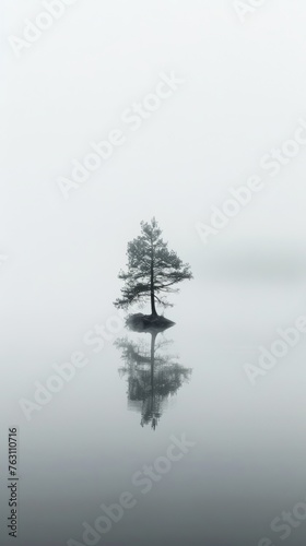 Solitary tree on a small island reflected in water