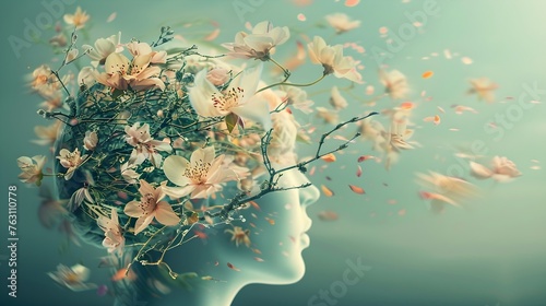 Flower Bloom Brain: Mental Wellbeing Concept with Wind Blowing Symbolism