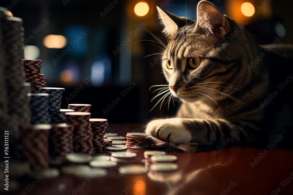 Cat flicking a poker chip, cunning glance, ambient casino light, side angle, sharp,professional color grading,soft shadowns, no contrast, clean sharp,clean sharp focus, digital photography - obrazy, fototapety, plakaty 