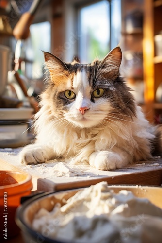 Calico cat chilling dough, serene kitchen scene, morning light, front view, vivid,professional color grading,soft shadowns, no contrast, clean sharp,clean sharp focus, digital photography