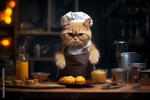 Cat chef tasting sauce, apron on, kitchen backdrop, warm tones, eyelevel shot,professional color grading,soft shadowns, no contrast, clean sharp,clean sharp focus, digital photography