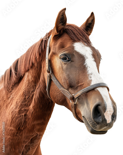 Chestnut horse with bridle, cut out - stock png.