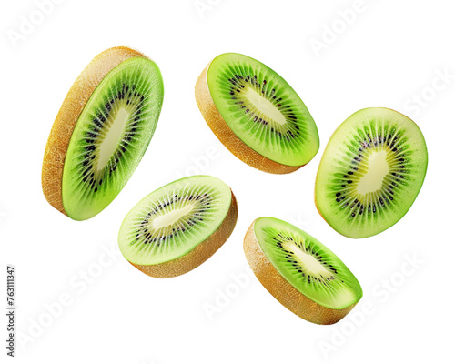falling slices of kiwi fruit on white transparent background