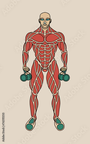 red white black modern style minimalist lines of a strong muscle pose strong body builder anatomy man at gym with bundle Doing exercises in all body positions using different gym equipment