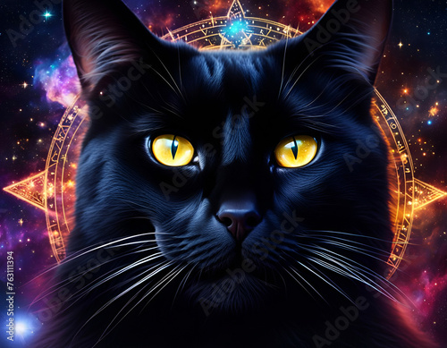 A sorcerer black cat in a mysterious celestial background. Amazing digital illustration. CG Artwork Background photo