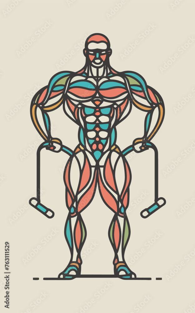 red white black modern style minimalist lines of a strong muscle pose strong body builder anatomy man at gym with bundle Doing exercises in all body positions using different gym equipment red white black modern style minimalist lines of a strong muscle pose strong body builder anatomy man at gym with bundle Doing exercises in all body positions using different gym equipment