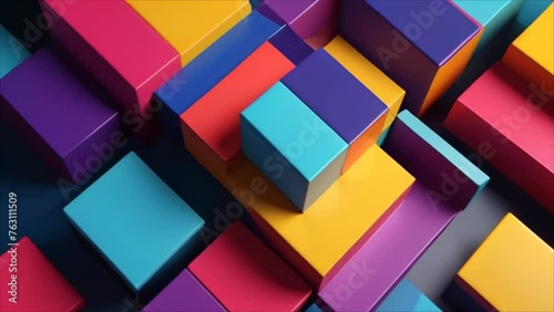 Video, abstract background. Multi-colored geometric volumetric figures move. Background for advertising. AI generative.