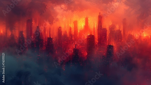 Futuristic cityscape engulfed in flames