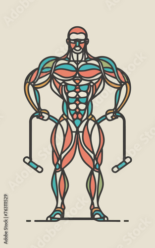 red white black modern style minimalist lines of a strong muscle pose strong body builder anatomy man at gym with bundle Doing exercises in all body positions using different gym equipment