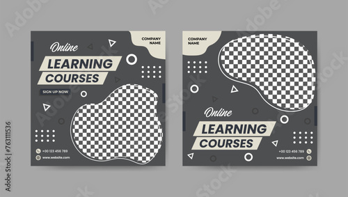 Collection of trendy geometric digital study, online learning courses social media post templates. Square banner design background.
