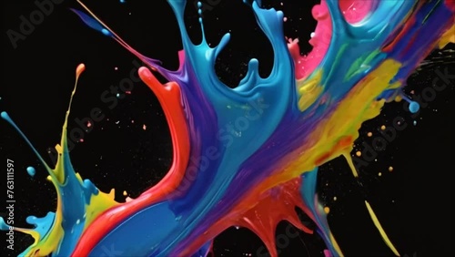 Video, abstract background. Splashes of multi-colored liquid paint on a black background. Background for advertising. AI generative.