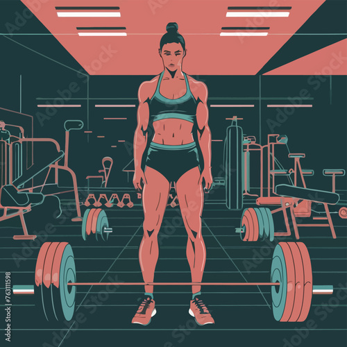 red white black modern style minimalist lines of a strong muscle pose strong body builder anatomy man at gym with bundle Doing exercises in all body positions using different gym equipment