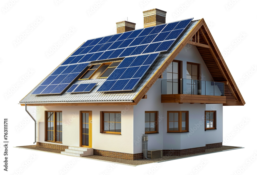 Modern house with solar panels, cut out - stock png.