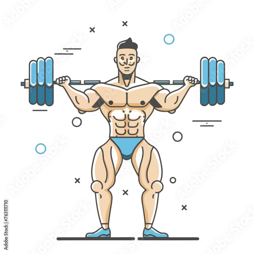 red white black modern style minimalist lines of a strong muscle pose strong body builder anatomy man at gym with bundle Doing exercises in all body positions using different gym equipment