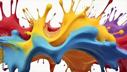 Video, abstract background. Splashes of multi-colored liquid acrylic paint on a white background. Background for advertising. AI generative.