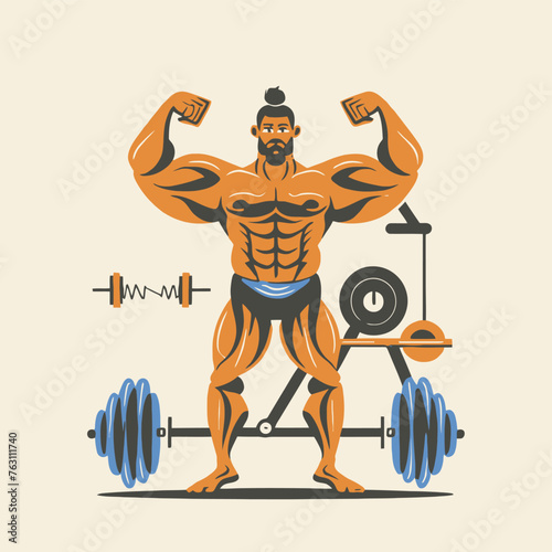 red white black modern style minimalist lines of a strong muscle pose strong body builder anatomy man at gym with bundle Doing exercises in all body positions using different gym equipment