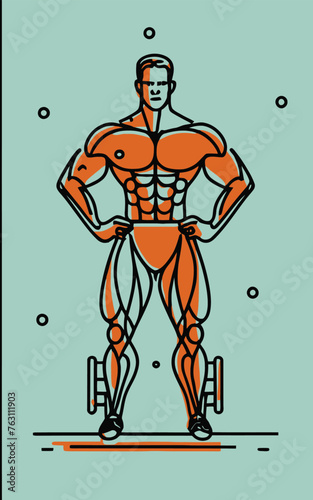 red white black modern style minimalist lines of a strong muscle pose strong body builder anatomy man at gym with bundle Doing exercises in all body positions using different gym equipment