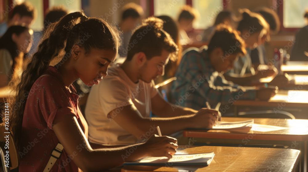 Students are concentrated on writing in a sunlit classroom. Students are concentrated on writing in a sunlit classroom.