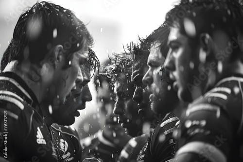 Men in rugby uniforms huddle in a scrum during a match. Concept Sports, Rugby, Men's Fashion, Teamwork, Competition