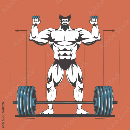 red white black modern style minimalist lines of a strong muscle pose strong body builder anatomy man at gym with bundle Doing exercises in all body positions using different gym equipment