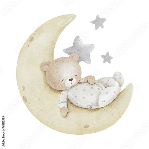 Cute Teddy Bear Sleeping on the Moon surrounded by stars
