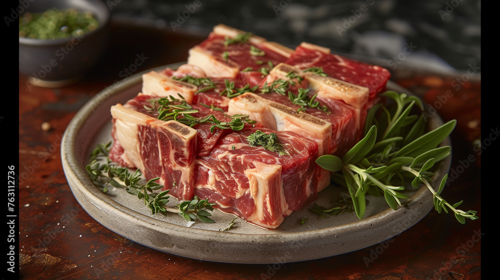 Raw marbled beef steaks on a plate with herbs, ready for cooking.