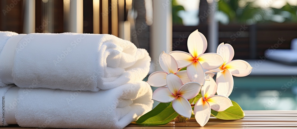 A stack of towels and a vase of flowers sit on a table by the swimming pool, adding a touch of nature to the outdoor setting A stack of towels and a vase of flowers sit on a table by the swimming pool, adding a touch of nature to the outdoor setting