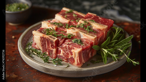 Raw marbled beef steaks on a plate with herbs, ready for cooking.