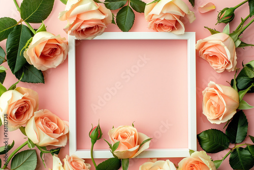 Top view of pale pink roses and frame on a pink background, ideal for romantic occasions.