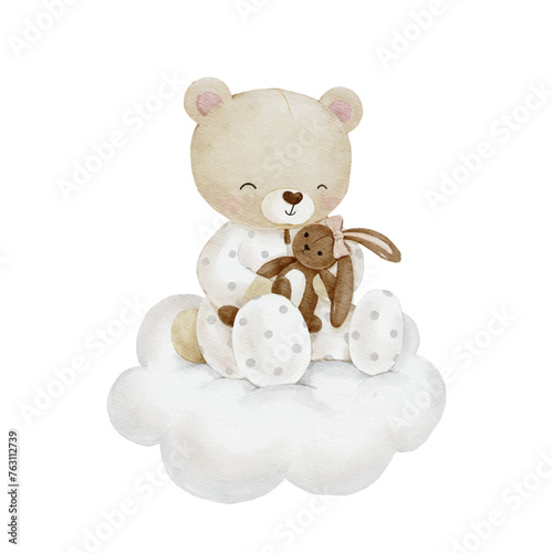 Cute Little Bear with Little Bunny Plushie Sitting on the Cloud 
