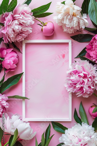 Overhead Floral Composition with White Frame. Overhead view of pink peonies around a white frame on pink background, ideal for celebrations.