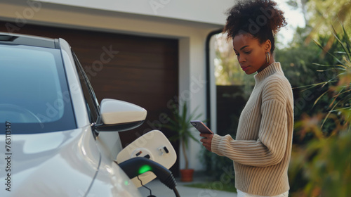 Woman with smartphone is charging electric car near her house. African American girl waiting while her car is charged. White electric automobile with plugged power cable pump. Sustainable ecology