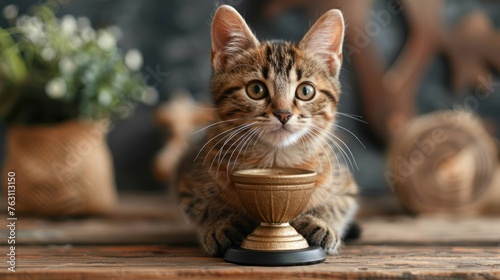 Cute cat with a miniature champion trophy cup photo