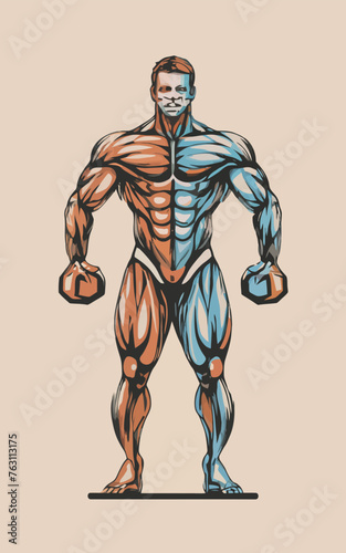 red white black modern style minimalist lines of a strong muscle pose strong body builder anatomy man at gym with bundle Doing exercises in all body positions using different gym equipment