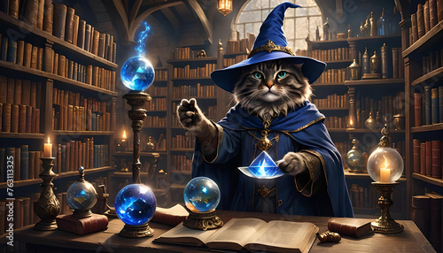 A sorcerer cat wearing a witch hat and a cape in a mysterious background. Amazing digital illustration. CG Artwork Background photo