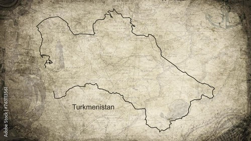 Turkmenistan map drawn on a cartography background sheet of paper