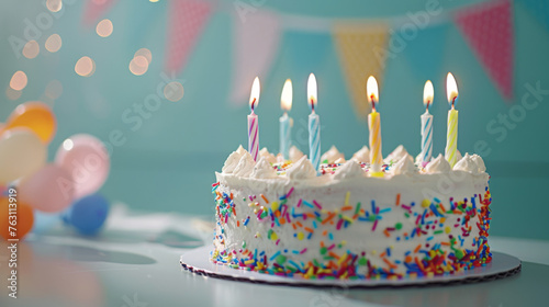 A white frosted cake adorned with lit candles and colorful sprinkles. photo