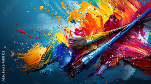 Vibrant Paintbrush Strokes  Splatters  and Palette  Representation of Creativity and Artistic Expression in a Painting Background