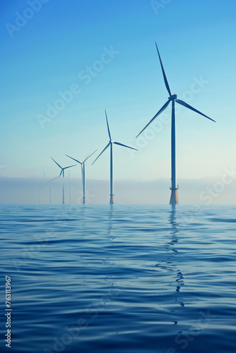 Tranquil Offshore Wind Turbines at Dusk. Offshore wind turbines in calm ocean waters at dusk, suitable for environmental themes.