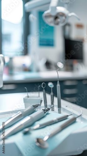 A modern dentist s office. Close-up of various dental instruments and devices  professional photography