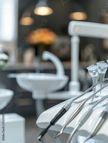 A modern dentist's office. Close-up of various dental instruments and devices, professional photography
